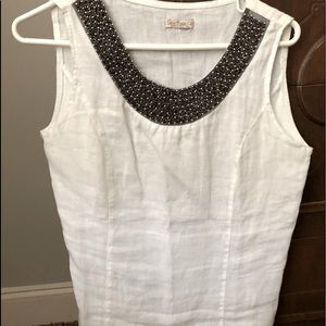 White Linen Blouse with Beaded Neckline